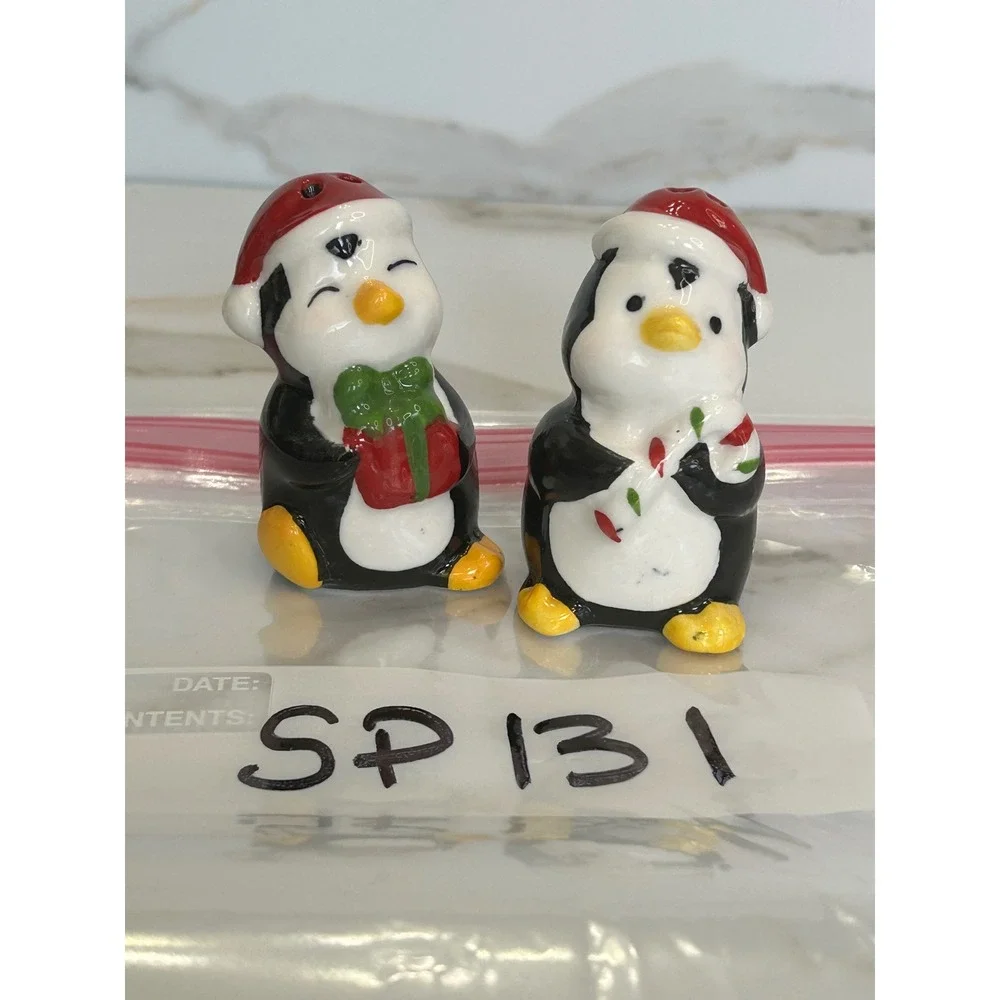 Christmas Penguin Salt and Pepper Shakers Set Santa Hat Gift Candy Cane Ceramic